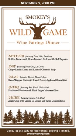 22 002464 Smokey's Wild Game Wine Pairing Dinner Chamber Ad