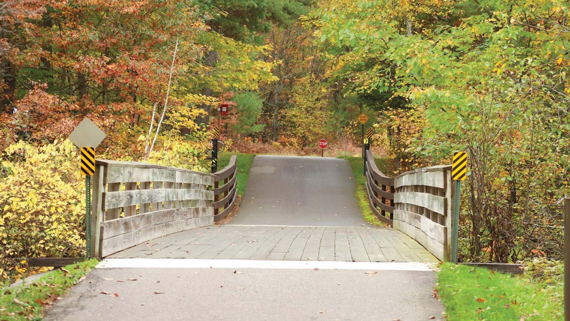Wooden bridge leading to a path surrounded by autumn leaves on Heart Of Vilas Trail