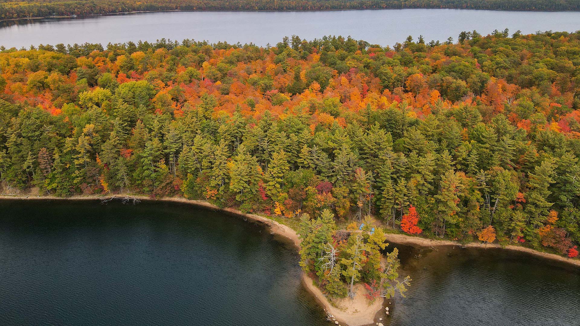  aerial view of Lost Canoe lake with fall color