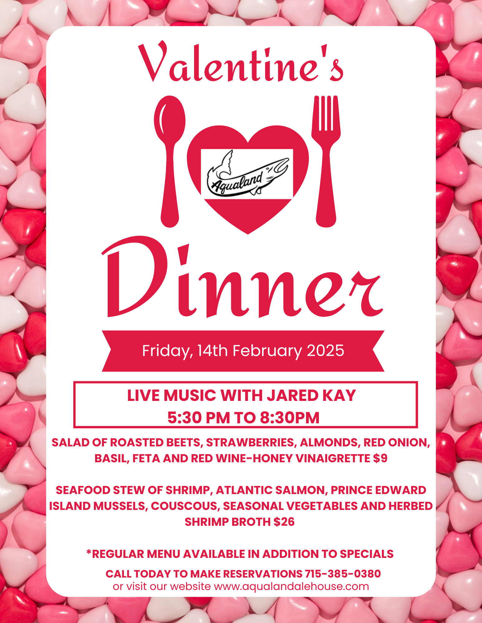 Flyer for Aqualand Ale House Valentine's Day specials