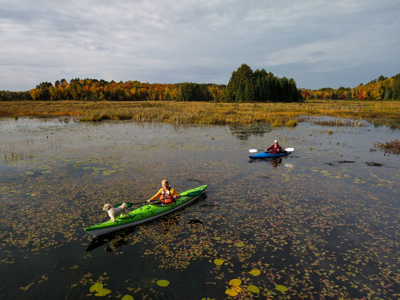 A couple kayaking Rush Lake surround by fall foliage