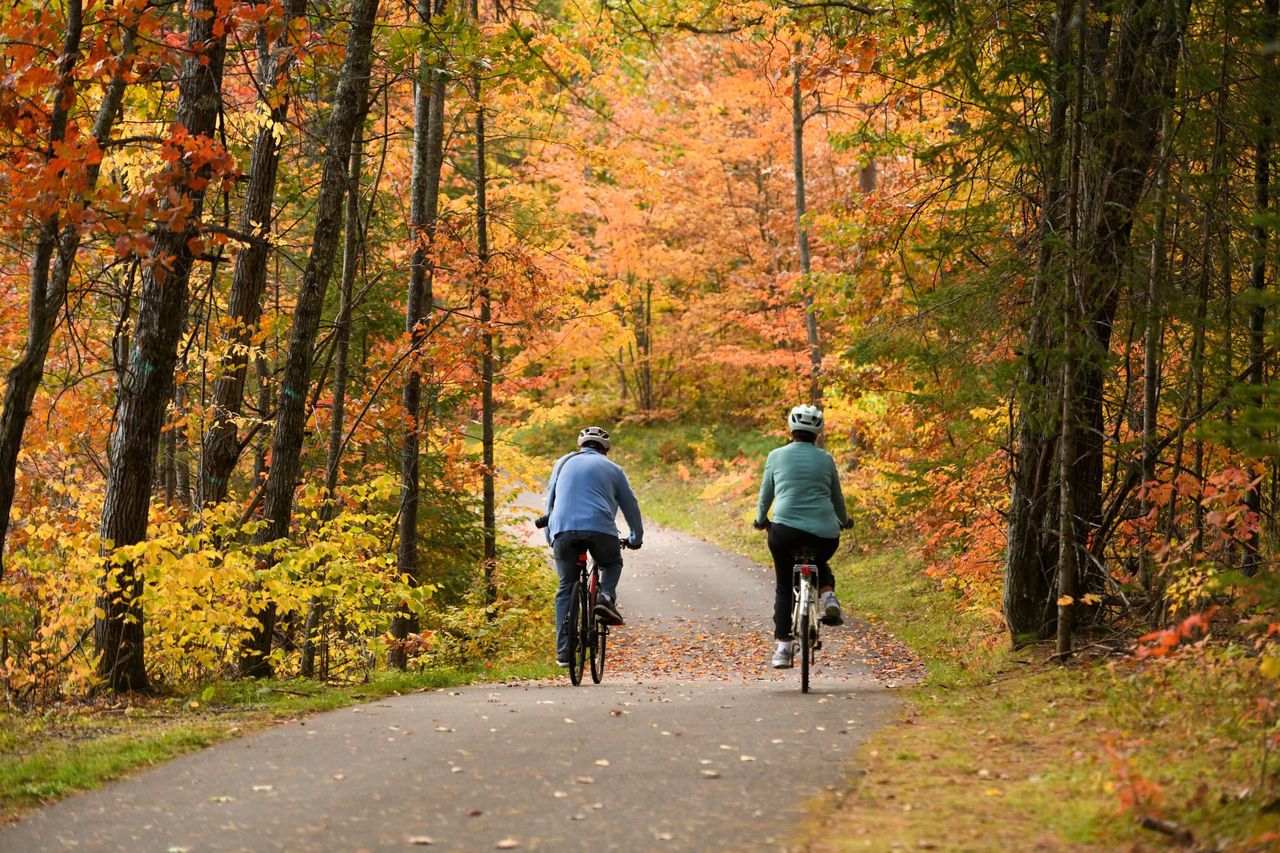 two people biking on pave trail during fall 